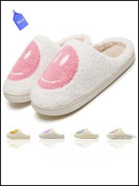 KNUAKA Memory Foam House Slippers Faux Fur Happy Face Retro Cozy Indoor Outdoor